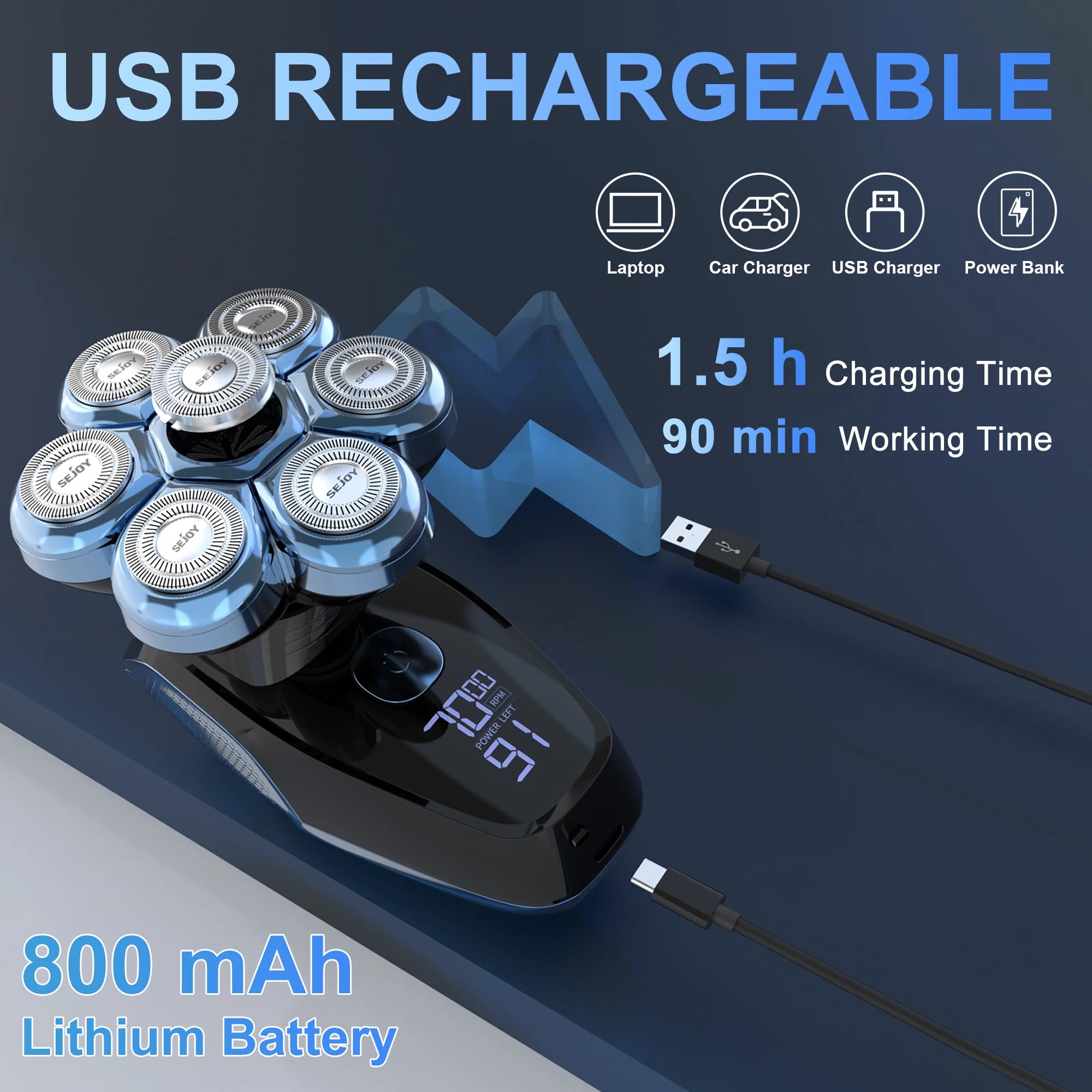Sejoy 6-in-1 7D Head Shavers for Bald Men Electric Razor with Nose Hair Trimmer Waterproof Multifunctional Men Grooming Kit