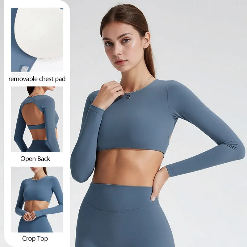 NCLAGEN Sports Tops Gym Women Fitness T Shirt Long Sleeve Open Back Pilates Yoga Padded Crop Top Running Workout Fitness Blouse