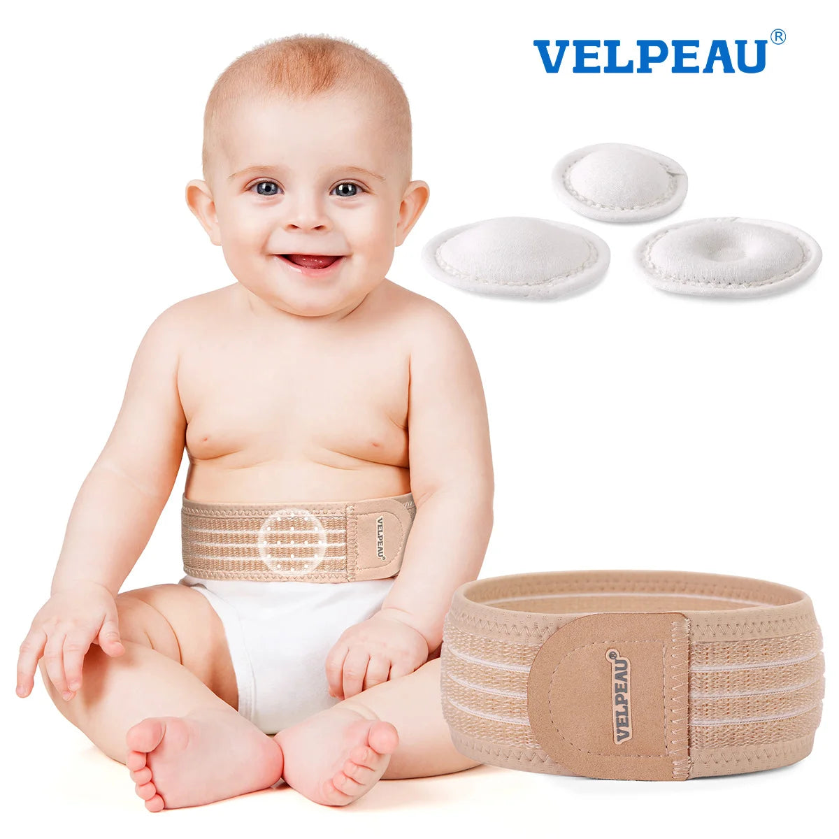 VELPEAU Baby Umbilical Hernia Belt, Newborn Belly Button Navel Band with 3 Compression Pads, Abdominal Binder Support for Infant