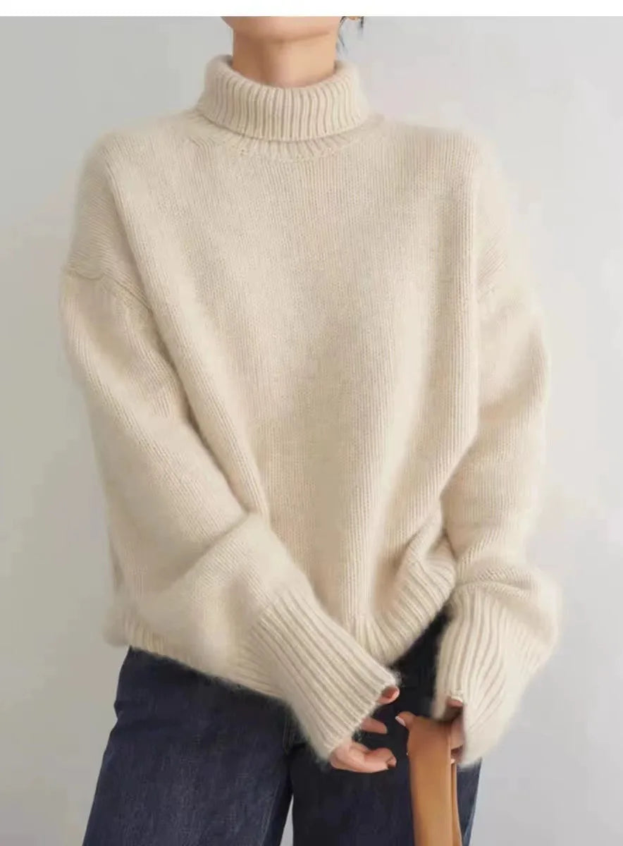 2023 autumn and winter turtleneck 100% pure cashmere women loose sweater thickened wool sweater cover lazy bottom