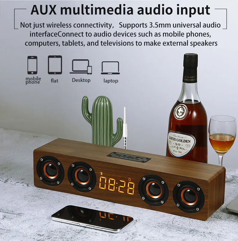 Domars Wireless Bluetooth 5.0 Speakers Wooden Alarm Clock Display Sound System Player with AUX TF FM Radio Subwoofer Box