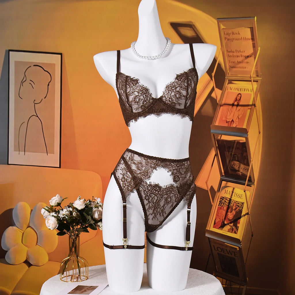 Elegant Lingeries Sexy Hot Exclusive Coffee Bra Belt Thong 3PC with Leg Circles Cute Intimate Lace Tempted Tipsy Set