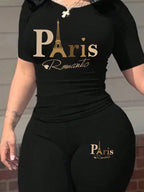 2026 women's new Paris printed two-piece set, casual short sleeved round neck T-shirt and tight pants long pants set
