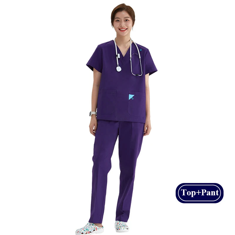 V-neck Medical Uniform Sets for Women Triangle Ring Heather Slim Nursing Outfits Dental Hospital Working Suits 202