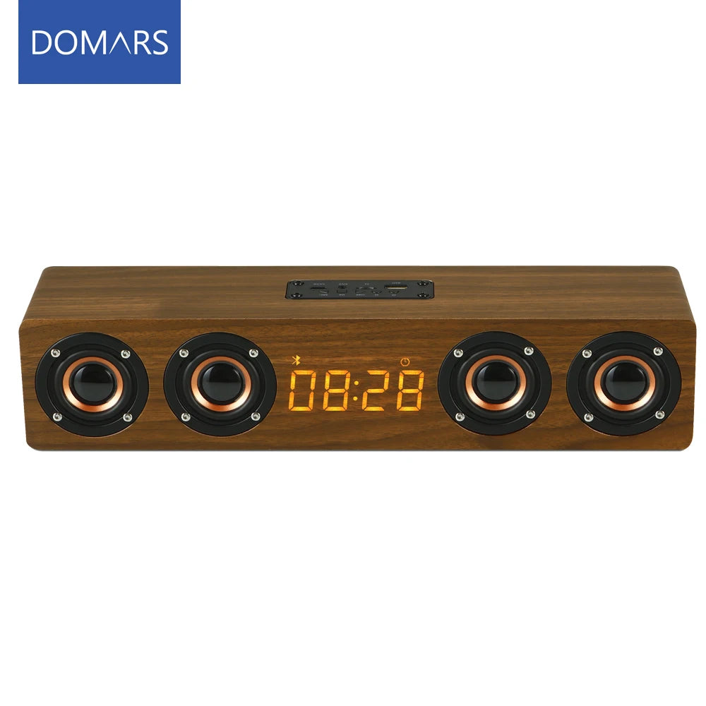 Domars Wireless Bluetooth 5.0 Speakers Wooden Alarm Clock Display Sound System Player with AUX TF FM Radio Subwoofer Box