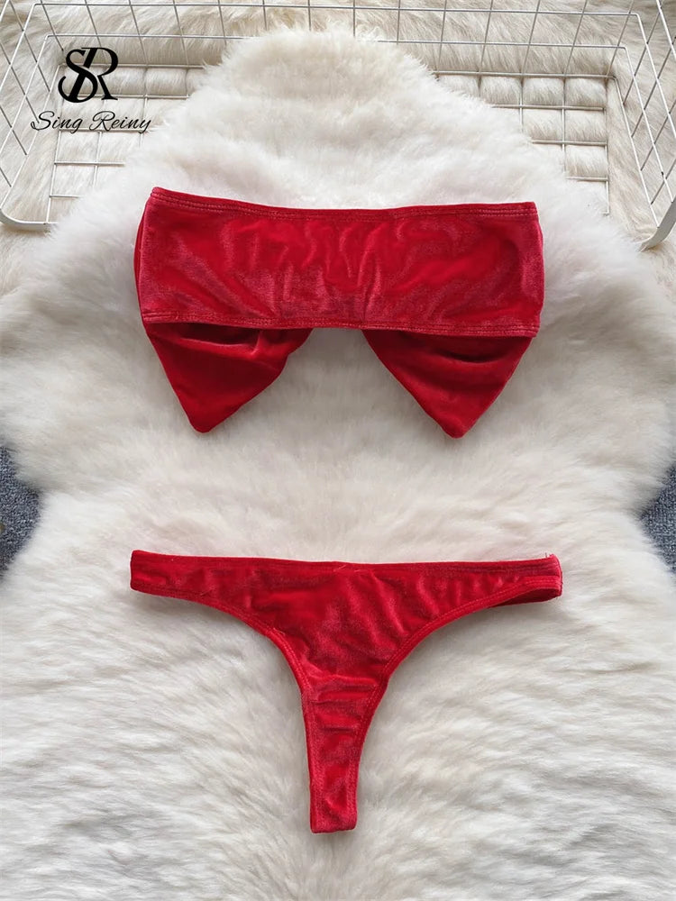 SINGREINY Christmas Erotic Lingerie Suits Ladies Strapless Bodycon Short Sleepwear Fashion Velvet Bow Sensual Underwear Sets Secondary image