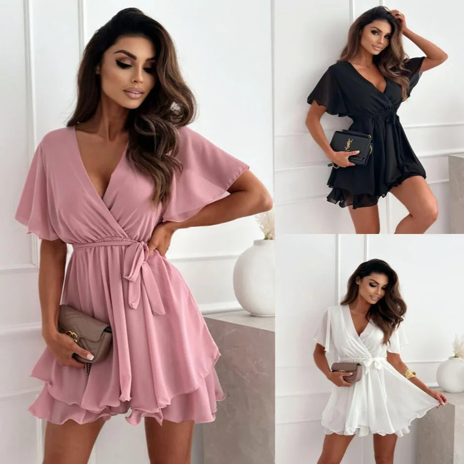 Chiffon White Women Dress for 2025 Summer Short Sleeve Slim Fit Fashion Korean Female Clothing Party Vintage Formal Occas Dress Main image