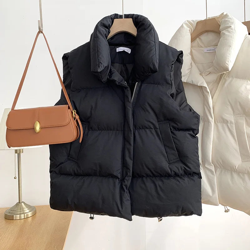 Women Fashion Autumn New 2024 Stand Collar Elegant Down Coats Warm Outerwear Casual Belt Sleeveless Winter Women Vests Jackets