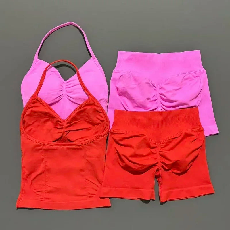 2 Pieces Sports Set Women Backless Halter Tops Fitness Tank Top High Waist Seamless High Stretch Shorts Gym Workout Sets