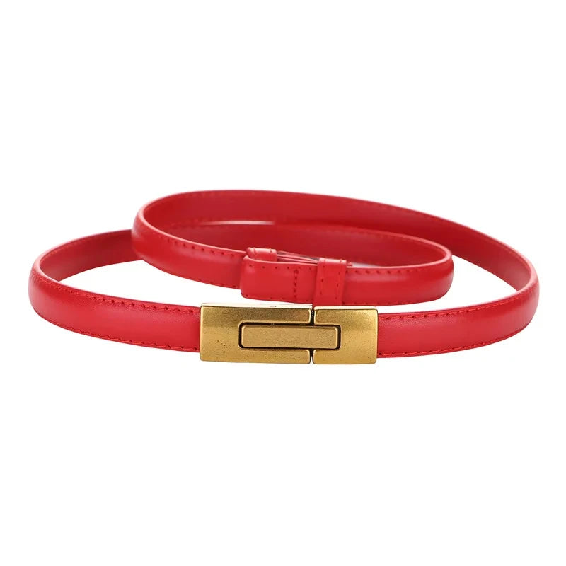 Adjustable Women’s Skinny Thin Belt, Classic Solid Color Genuine Leather Waistband for Trendy Coats and Dresses