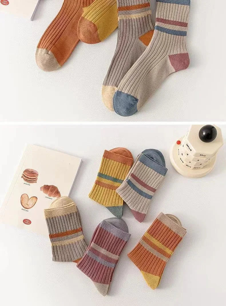5 Pairs Striped Print Socks for Women Comfy Soft Mid Tube Socks Winter  Harajuku Funny Casual Sock Women's Stockings Hosiery