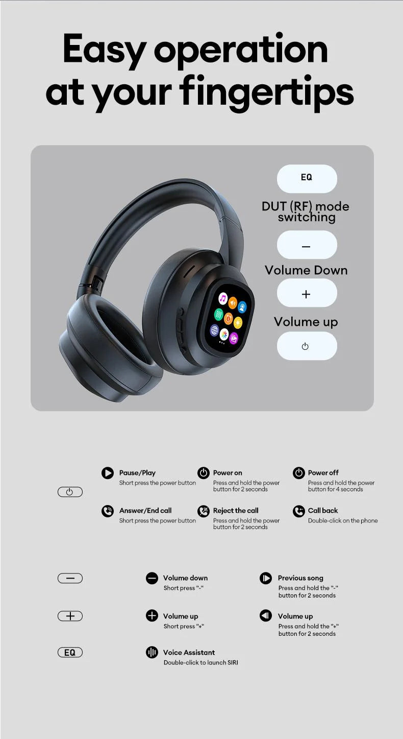 AI LCD Touch Screen Shock Bass Headsets HIFI Sound Wireless Bluetooth Headphones ANC Noise Reduction Gamer Earphones With Mic