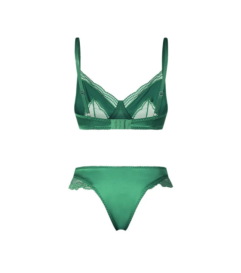 Sexy French Satin Lace Lingerie Set for Large Bust Ladies, Sheer Slim Chest, Summer Ultra-thin Small-cup Support Bra Set, S-XL