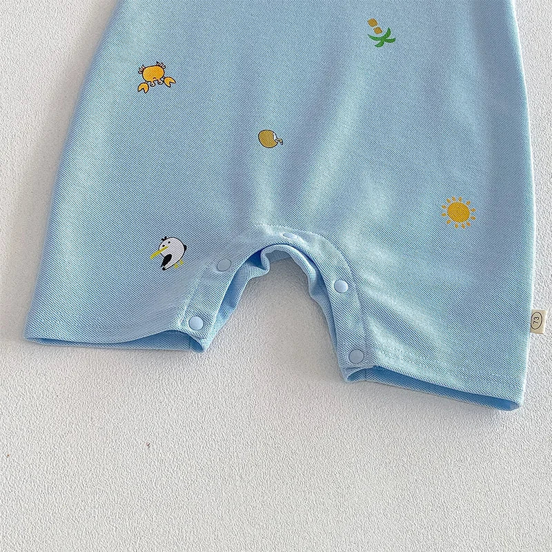 2026 New Summer 0-2Y Baby Clothes Cartoon Print Sleeveless Polo Romper Breathable Mesh Fabric with Placket Snap Closure