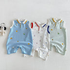 2026 New Summer 0-2Y Baby Clothes Cartoon Print Sleeveless Polo Romper Breathable Mesh Fabric with Placket Snap Closure