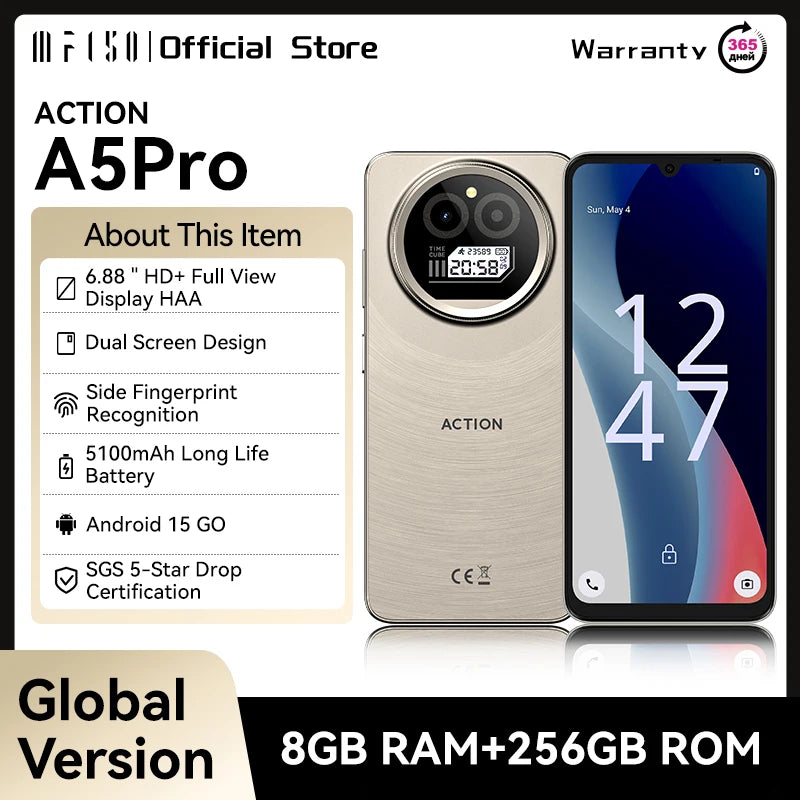 IIIF150 Action A5Pro Phone Android 15 Go Smartphone 12GB RAM 256GB ROM 6.8inch HD+ HAA Display Dual Screen Design 5100mAh Batter Main image