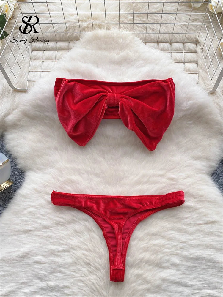 SINGREINY Christmas Erotic Lingerie Suits Ladies Strapless Bodycon Short Sleepwear Fashion Velvet Bow Sensual Underwear Sets Main image