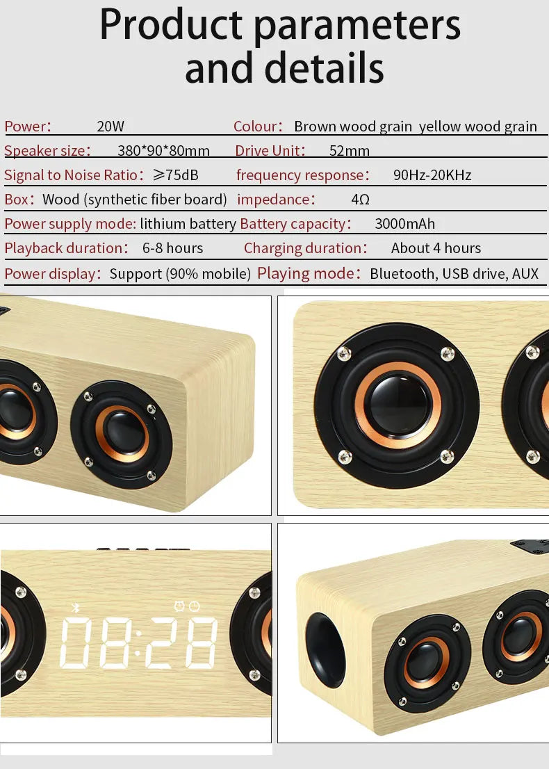 Domars Wireless Bluetooth 5.0 Speakers Wooden Alarm Clock Display Sound System Player with AUX TF FM Radio Subwoofer Box