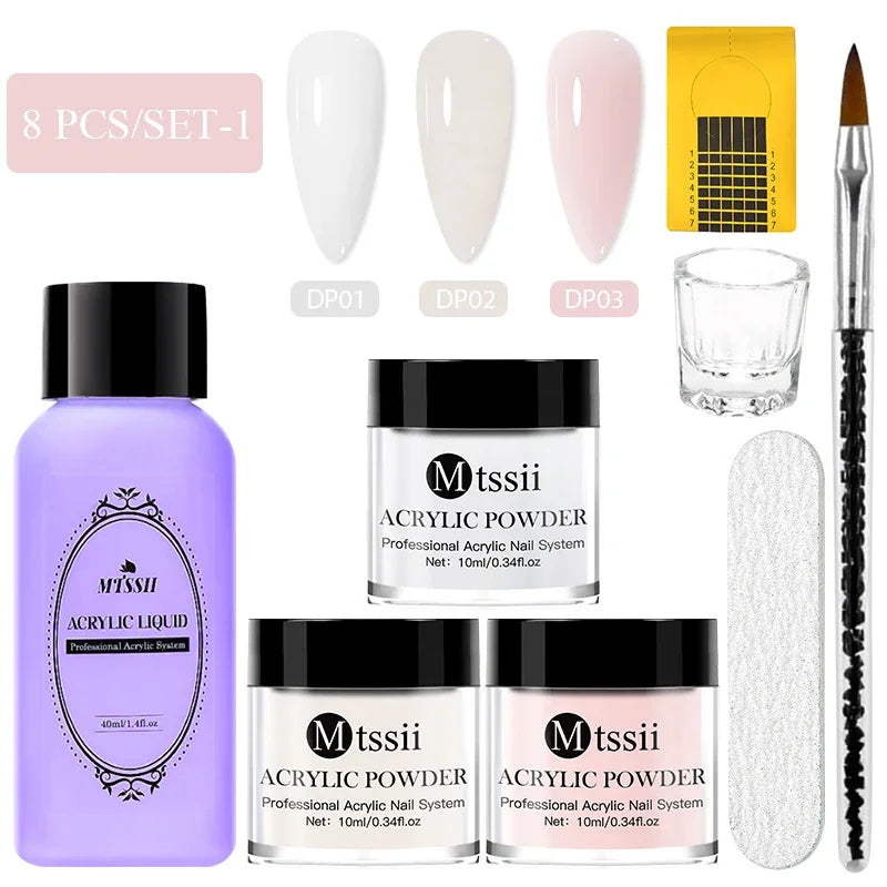 8pc MTSSII Acrylic Powder Nail System Set Clear Nude Pink Monomer Liquid Set With Nail Brush For Nails Extension Carving Flower Main image
