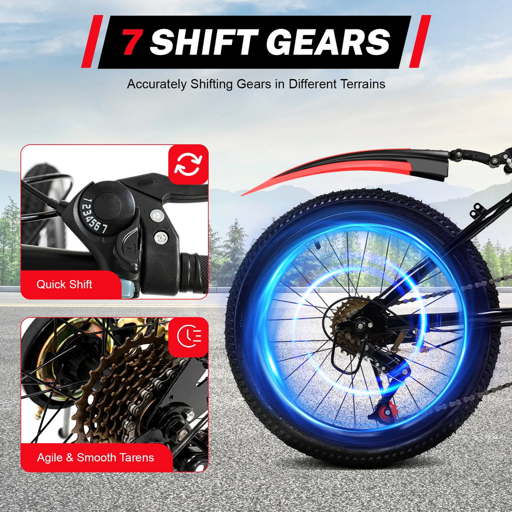 20 Inch Mountain Bike 7 Speed Gears, Adjustable Seat Kids' Bike with Mudguards Kettle Holder Kettle for Boys Girls 8-13 years