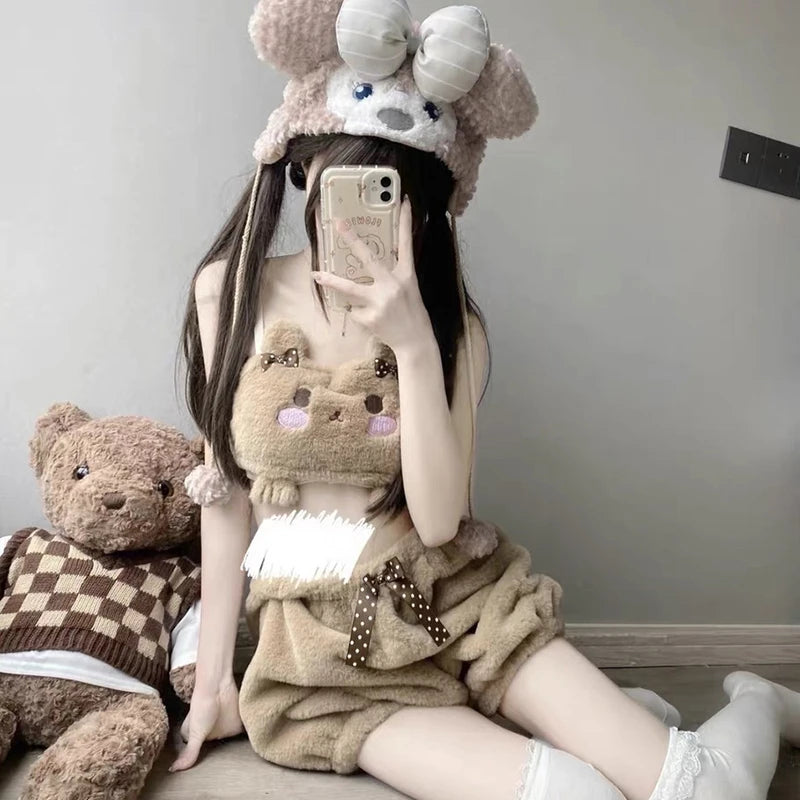 Japanese Kawaii Lolita Pajamas Nad Panty Set Women Cute Cartoon Bra Bow Underwear Pumpkin Panty Push Up Bras Lingerie Intimate