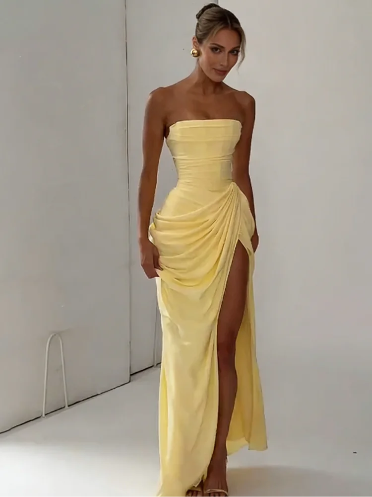 Women Solid Pleated Sexy Strapless Dress Lady Chic Off-shoulder Backless High Waist Split Dresses 2026 New Evening Party Gown