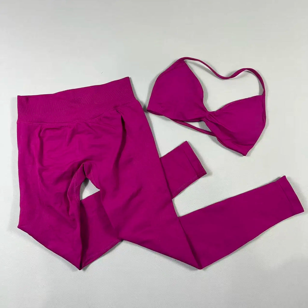 UETEEY Set For Woman Strappy Yoga Bra Sports Top Workout Leggings Set Seamless Gym Set Fitness Clothes Outfit Activewear
