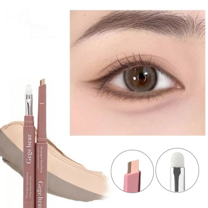 Double Ended Lying Silkworm Pencil 2 in1 Highlighter Nude Lower Eyelid Contour Aegyo-sal Eyeliner Makeup Stick with Detail Brush
