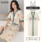 SUKAE Midi Nightdress M-5XL V-neck Bra Padded Botton Sleepshirt Plus Size Cotton Nightgowns Summer Women Short Sleeves Nightgown