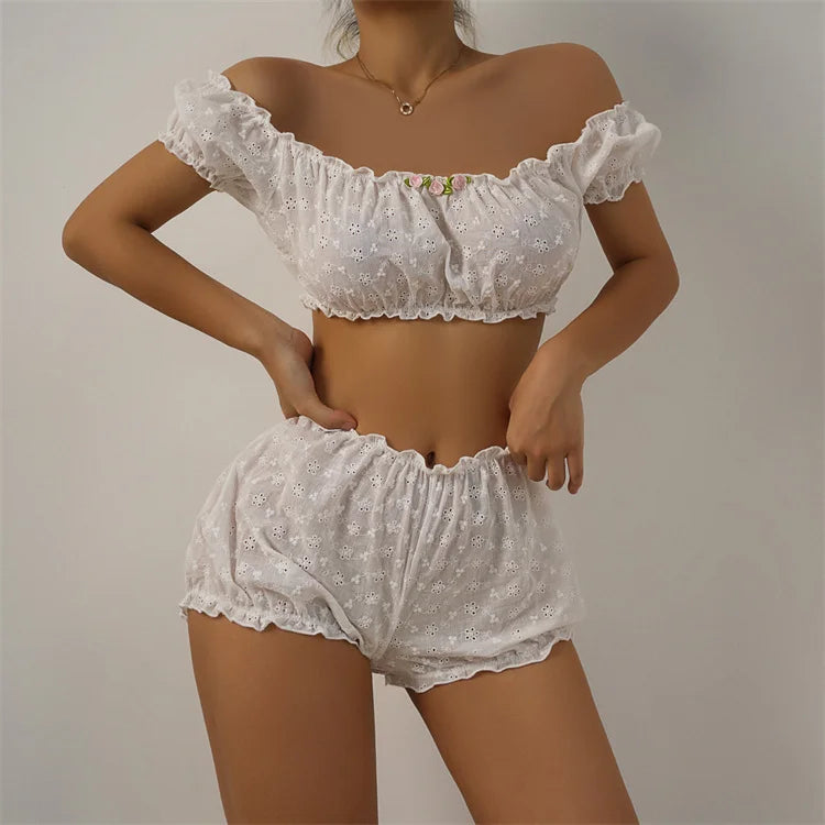Sexy Lingerie Ruffles Floral Embroidery Women's Underwear Off Shoulder Sexy Bra Set Comfortable Cotton Intimate Underwear Set