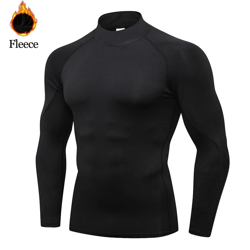 Winter Fleece Sports Shirt Men High Neck Compression Shirt Long Sleeved Training Top High Stretch Undershirt