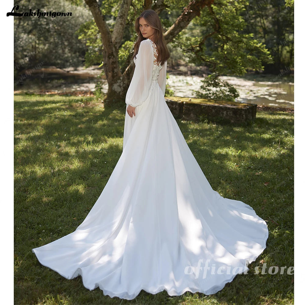 Lakshmigown Chiffon Beach Wedding Dress 2026 Beading Lace Full Sleeves V-neck Appliques Wedding Gown Bridal Gowns Customized