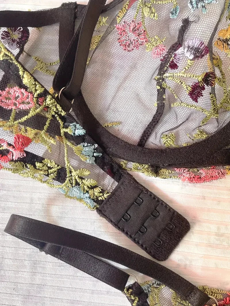 Yimunancy Floral Embroidery Lingerie Set Women Sheer 2-Piece Boho Bra + Panty Underwear Set Intimates
