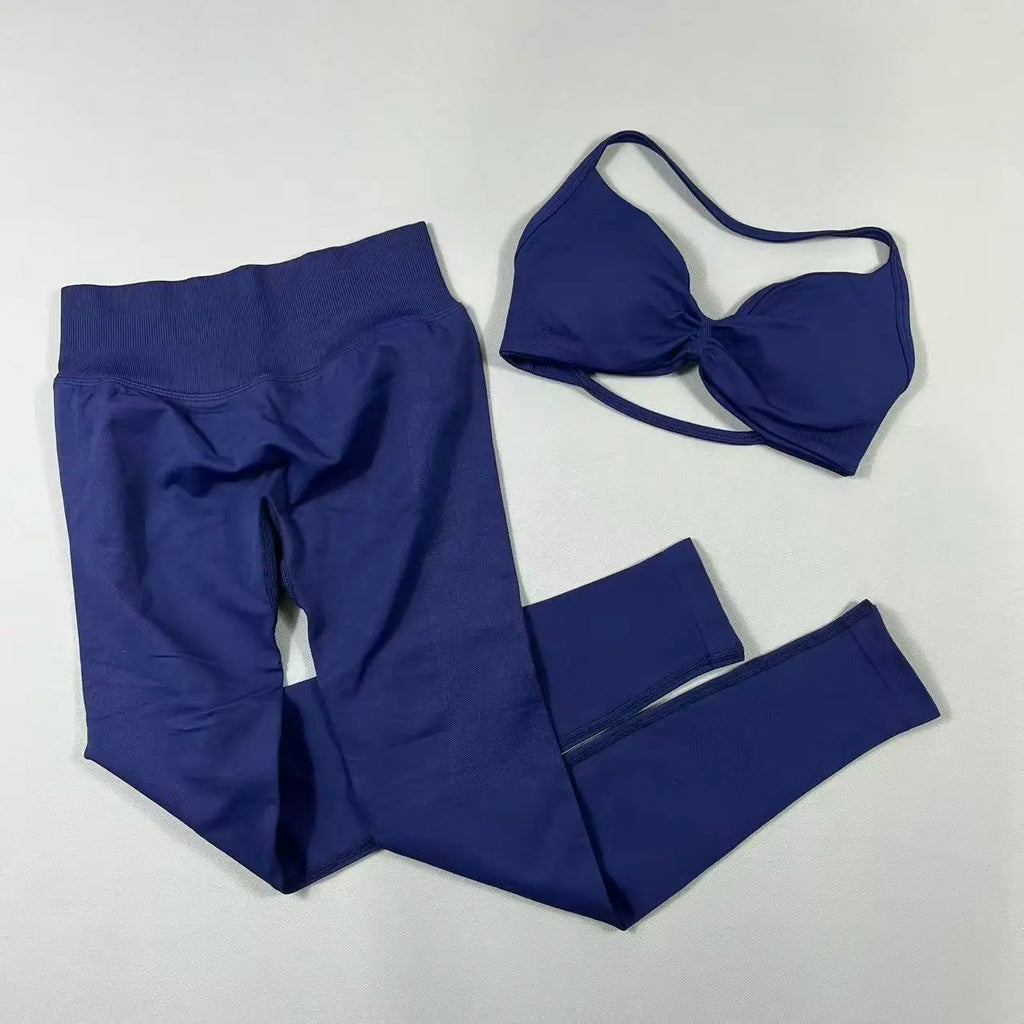 UETEEY Set For Woman Strappy Yoga Bra Sports Top Workout Leggings Set Seamless Gym Set Fitness Clothes Outfit Activewear