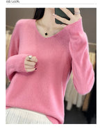 Women 100% Merino Wool Sweater V-Neck Basic Pullover Autumn Winter Cashmere Clothing Long Sleeve Soft Knitwear Tops Solid Color