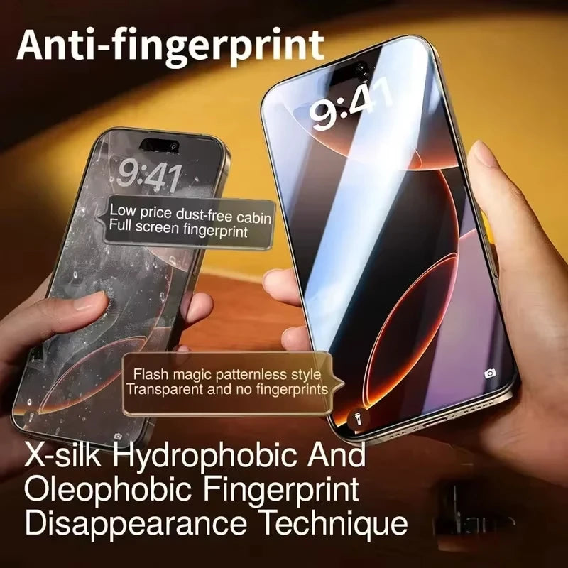 Dust Free Install Tempered Glass For iPhone 16 15 14 Plus 17 Pro Max Air 13 12 Mini 11 XR XS Oleophobic Coating Screen Protector