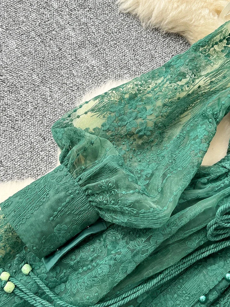 Spring Autumn French High-end Women's Dress New Lace Embroidery V-neck Lantern Sleeves Single Breasted Party Birthday Dress C192