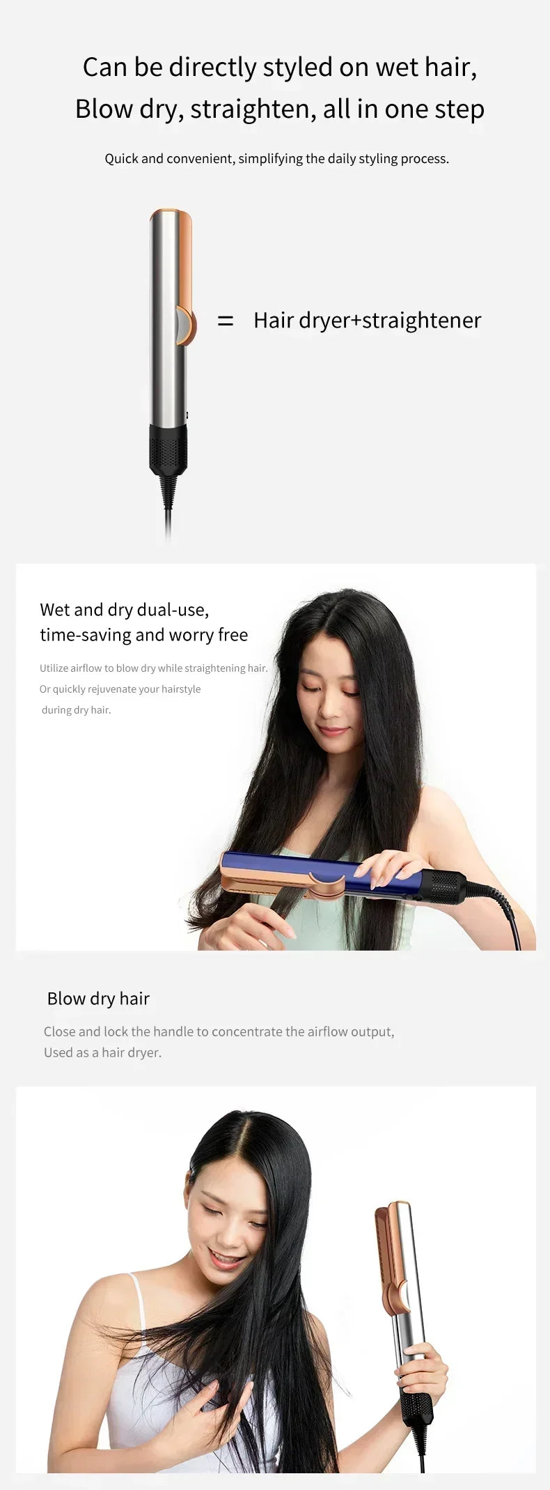 Professional 2 In 1 Hot Air Flat Iron Hair Straightener Dryer With Negative Ions Smooth Frizz-Free Hair Styling Tool