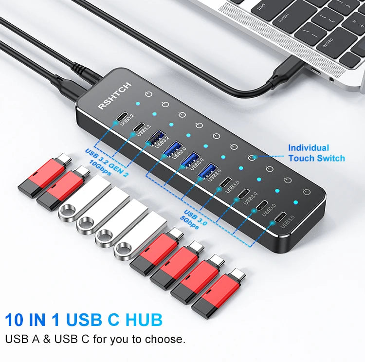 RSHTECH 10 in 1 USB C Hub 10Gbps USB-C with Individual Touch Switches Multiport Splitter Docking Station for MacBook Laptops PC