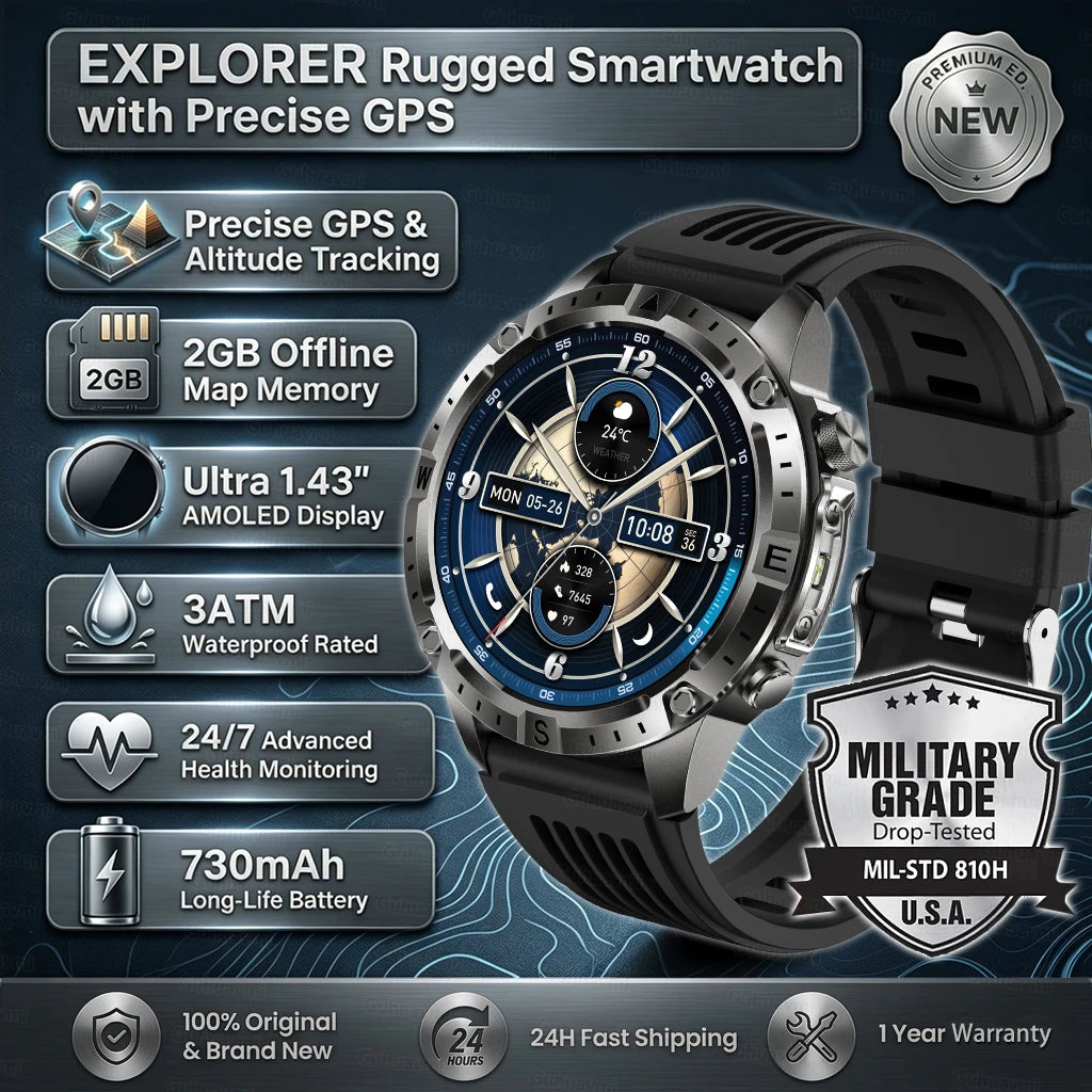 GPS Smart Watch for Men 2G ROM GPS Offline Maps Waterproof Swim Hiking Fitness Tracker Sleep SpO2 Rugged Durable Smartwatch GPS