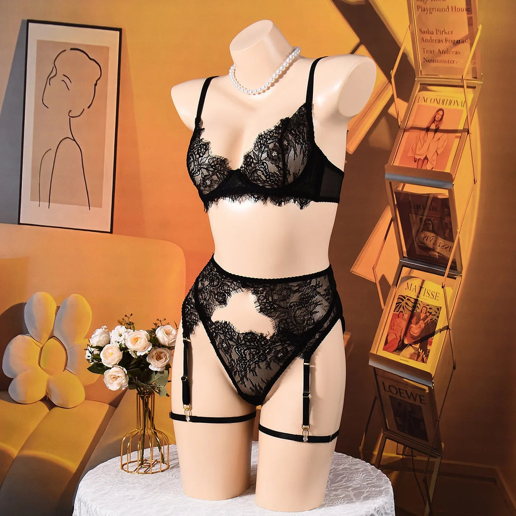Elegant Lingeries Sexy Hot Exclusive Coffee Bra Belt Thong 3PC with Leg Circles Cute Intimate Lace Tempted Tipsy Set