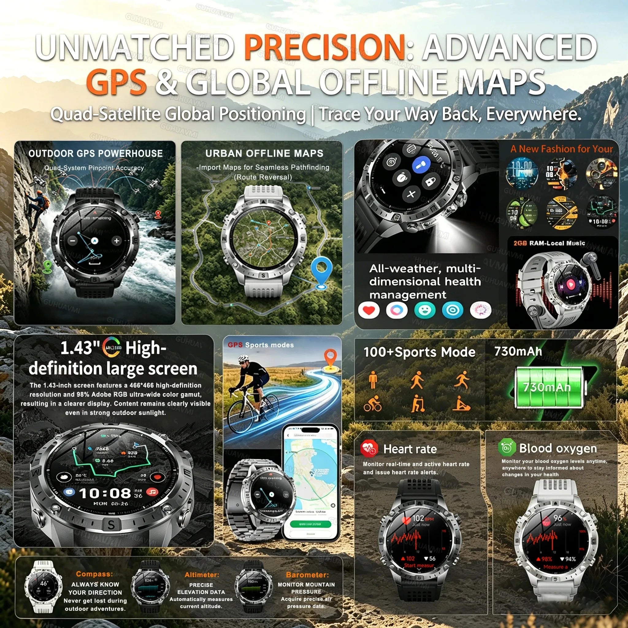 GPS Smart Watch for Men 2G ROM GPS Offline Maps Waterproof Swim Hiking Fitness Tracker Sleep SpO2 Rugged Durable Smartwatch GPS