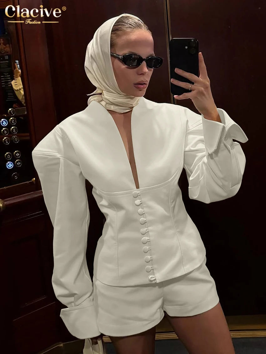 Clacive Fashion Loose Beige Women's Two Pieces Set 2025 Sexy Long Sleeve Shirt With High Waist Shorts Set Female Streetwear