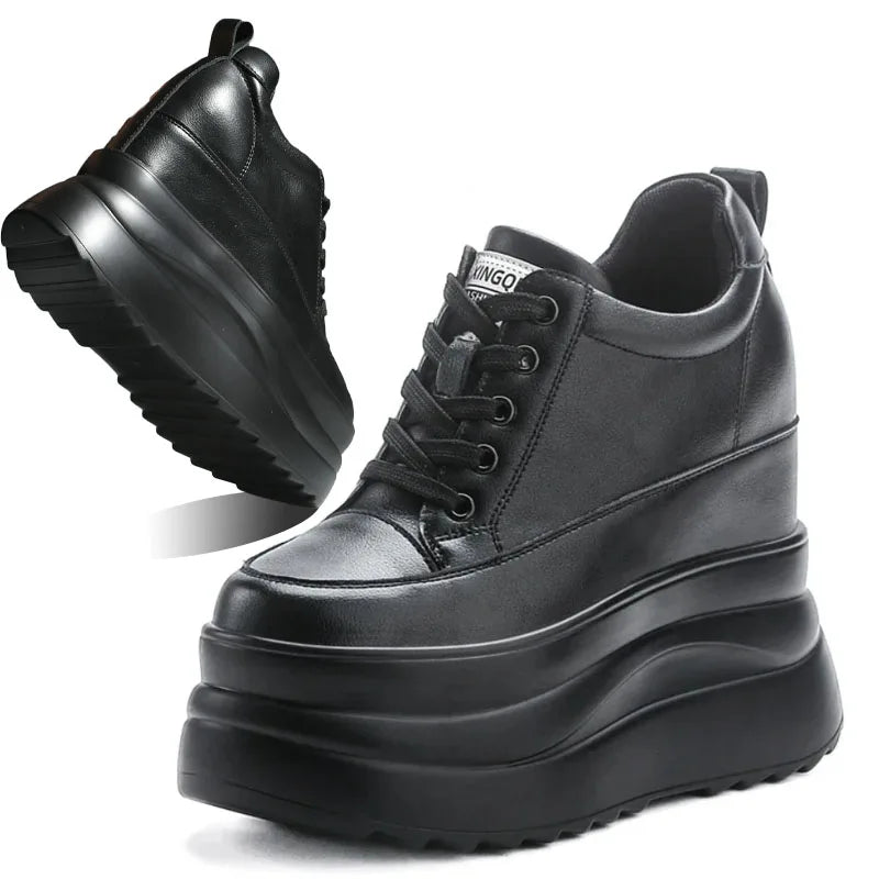 Fujin 13cm 2025 Genuine Leather Platform Wedge Flats Shoes Chunky Sneaker Casual Comfy High Brand Fall Autumn Walking Shoes Main image