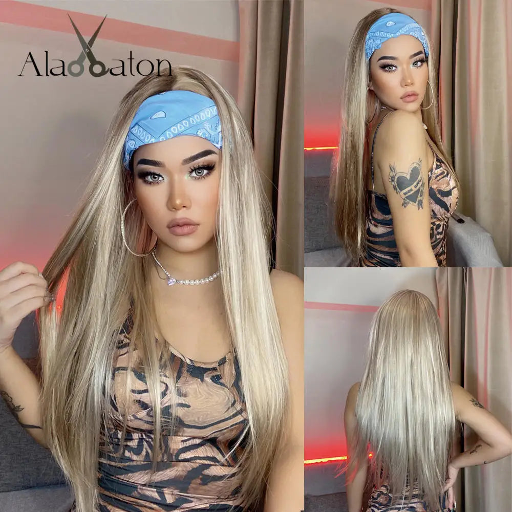 ALAN EATON Long Blonde Synthetic Headband Wig Ombre Blonde Straight Hair Wigs Natural Looking Heat Resistant Fiber for Daily Use