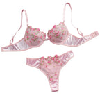 Pink Floral Embroidery Lingerie Set 2PCS Underwired Semi-Sheer Front Closure Back Double Hooks Sexy Underwear for Romantic Occas