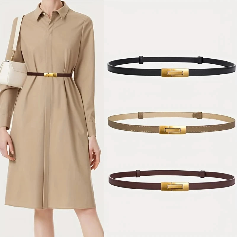 Adjustable Women’s Skinny Thin Belt, Classic Solid Color Genuine Leather Waistband for Trendy Coats and Dresses Main image
