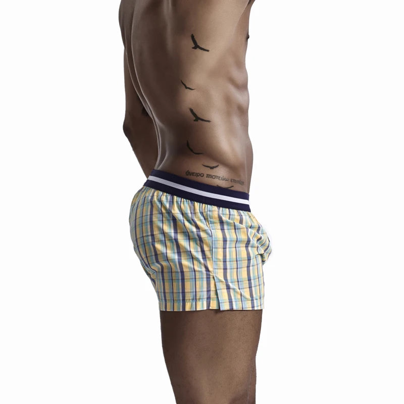 SEOBEAN Classic Plaid Mens Boxer Shorts 100% Cotton Underwear Boxershorts U convex Pouch Arrow Panties Shorts Men Sleep Bottoms