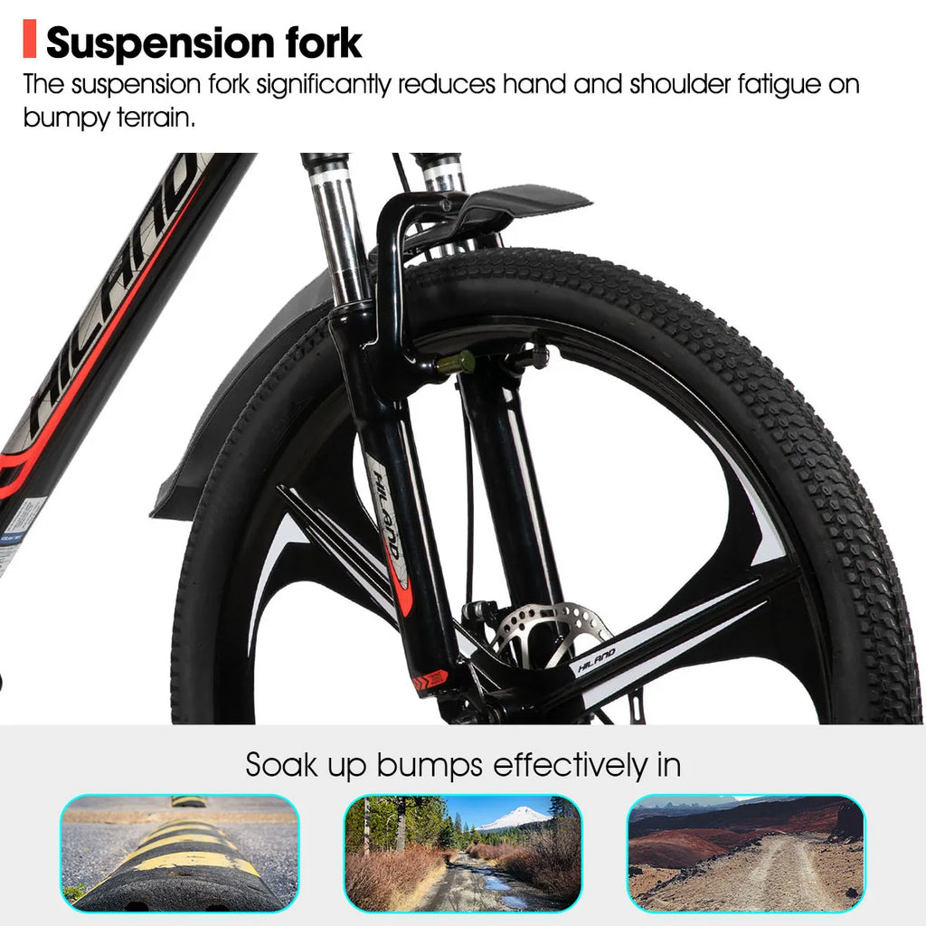 HILAND Mountain Bike, 3 Spokes, 18 Speeds Drivetrain, Aluminum Frame 26 Inch Wheels, Disc-Brake Bike for Men Women Men's MTB