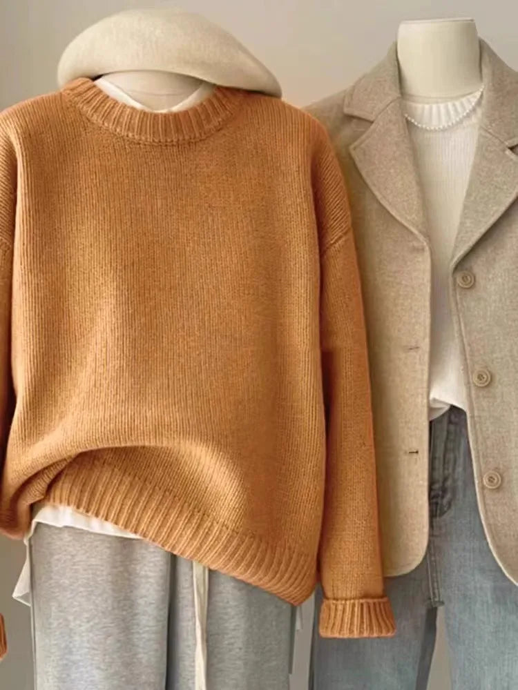 Soft waxy round neck 100 pure cashmere sweater women's loose sweater autumn and winter short base sweater